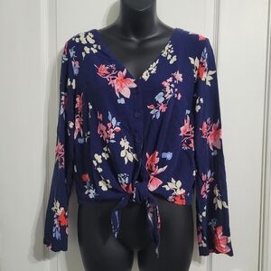 💲2️⃣ Hangar-29 Navy Floral Button-up & Tie Front Blouse Sz LG (FITS SM/MED)